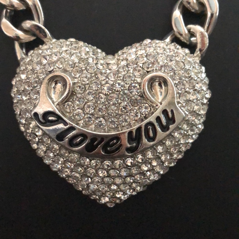 Huge Rhinestone Encrusted I Love You Heart Necklace Silver Tone